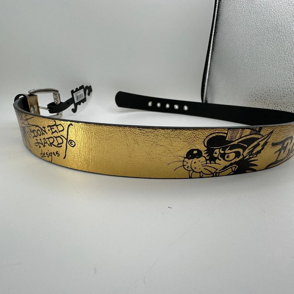 Ed Hardy Christian Audigier Belt Mens 34 Tiger Skull Tattoo Art Gold Color NEW